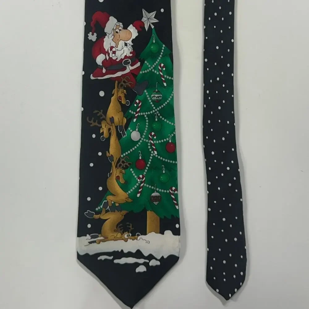 Hallmark Mens Neck Tie Holiday Christmas Black Dotted Santa Tree